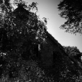 Schwarzweiß-Film-Foto eines verfallenen Hauses