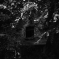Schwarzweiß-Film-Foto eines verfallenden Hauses
