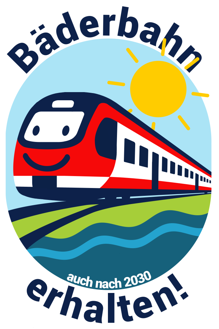 Digitale Zeichnung eines Zuges, der l&auml;chelnd auf einer Schiene am Meer f&auml;hrt, mit den Worten &bdquo;B&auml;derbahn auch nach 2030 erhalten&ldquo;