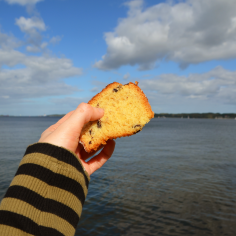 Ein St&uuml;ck Kuchen wird vor dem Wasser und Himmel hochgehalten.